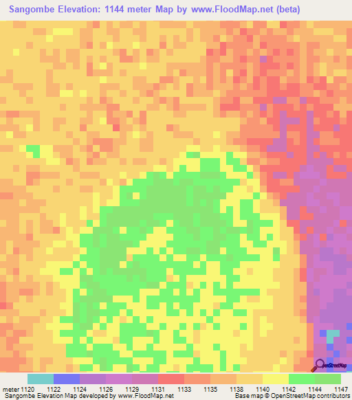 Sangombe,Zambia Elevation Map