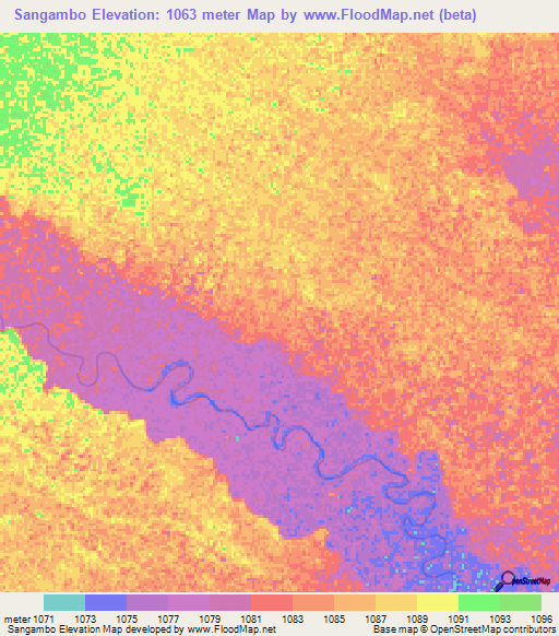 Sangambo,Zambia Elevation Map