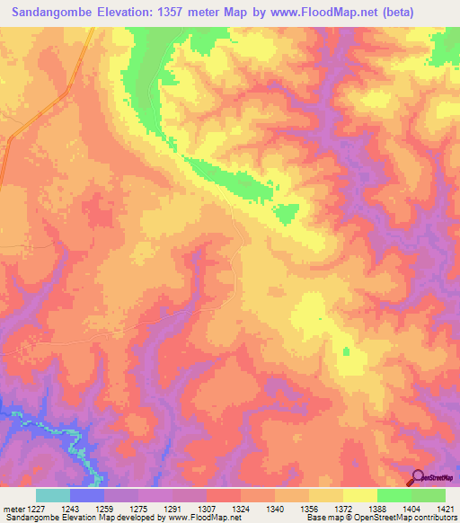 Sandangombe,Zambia Elevation Map