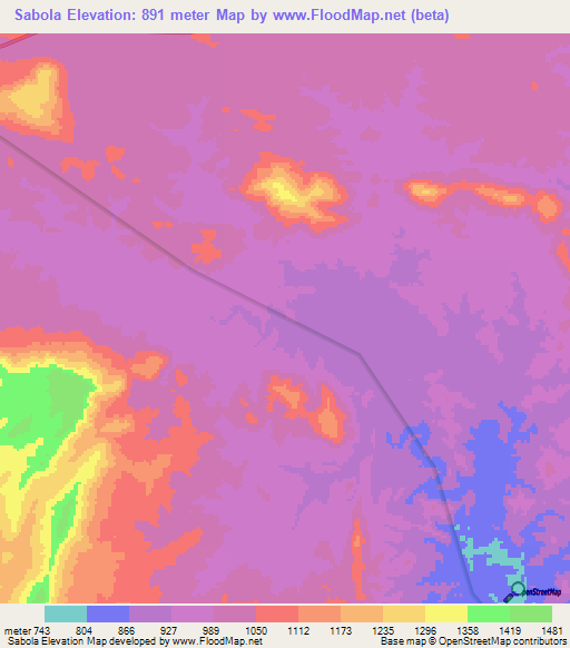 Sabola,Zambia Elevation Map