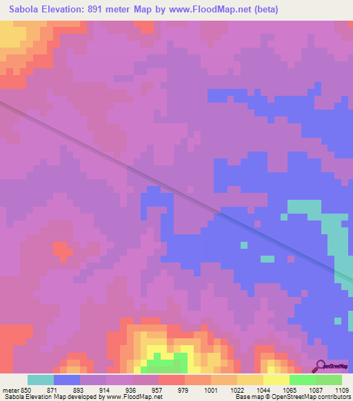 Sabola,Zambia Elevation Map