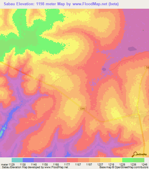 Sabau,Zambia Elevation Map