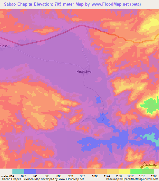 Sabao Chapita,Zambia Elevation Map