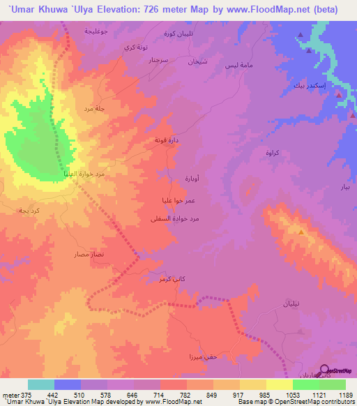 `Umar Khuwa `Ulya,Iraq Elevation Map