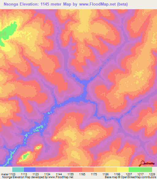 Nsonga,Zambia Elevation Map