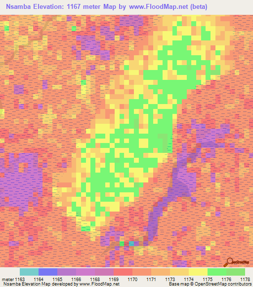 Nsamba,Zambia Elevation Map