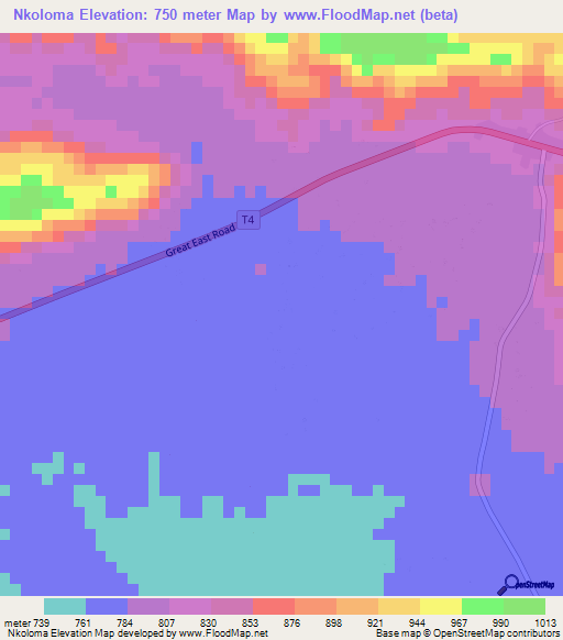 Nkoloma,Zambia Elevation Map