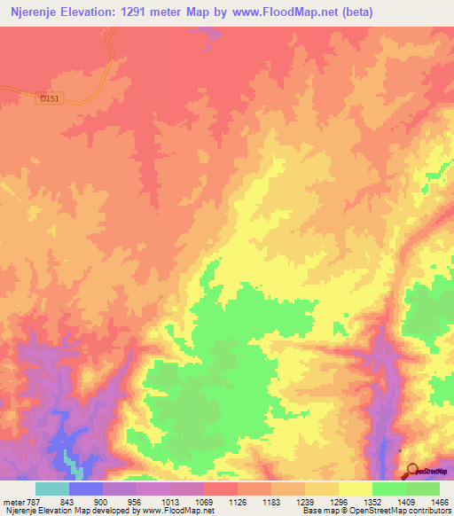 Njerenje,Zambia Elevation Map