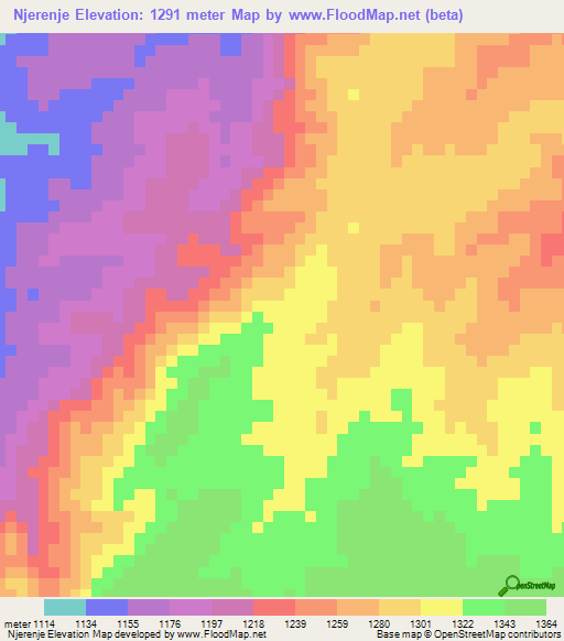 Njerenje,Zambia Elevation Map