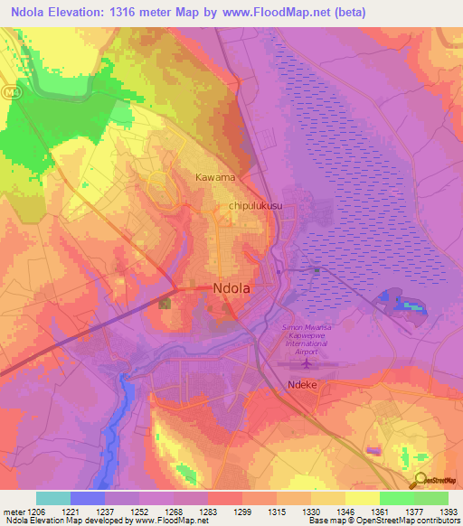 Ndola,Zambia Elevation Map