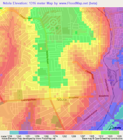 Ndola,Zambia Elevation Map