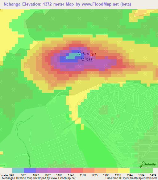 Nchanga,Zambia Elevation Map