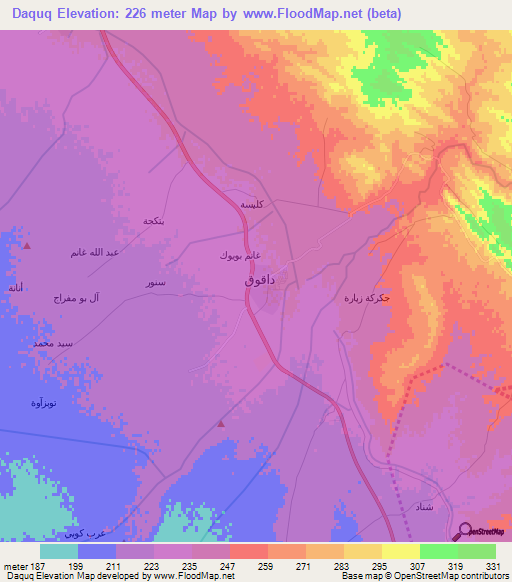 Daquq,Iraq Elevation Map