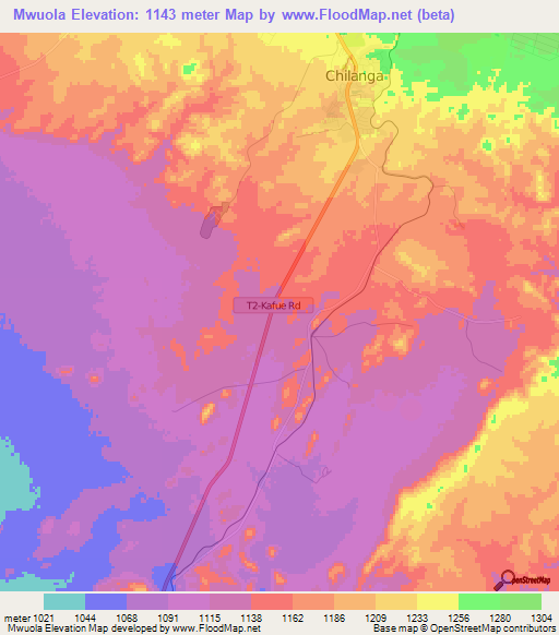 Mwuola,Zambia Elevation Map