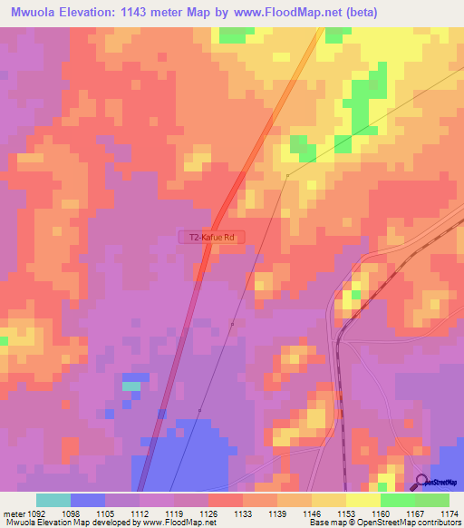 Mwuola,Zambia Elevation Map