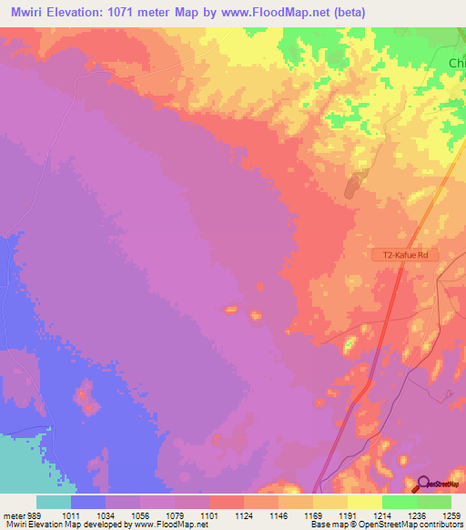 Mwiri,Zambia Elevation Map