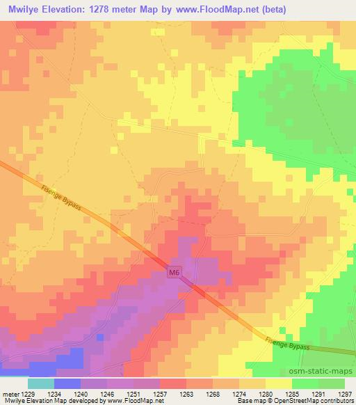 Mwilye,Zambia Elevation Map