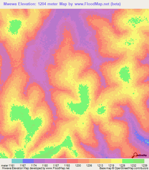 Mwewa,Zambia Elevation Map