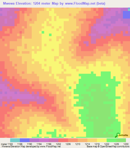 Mwewa,Zambia Elevation Map