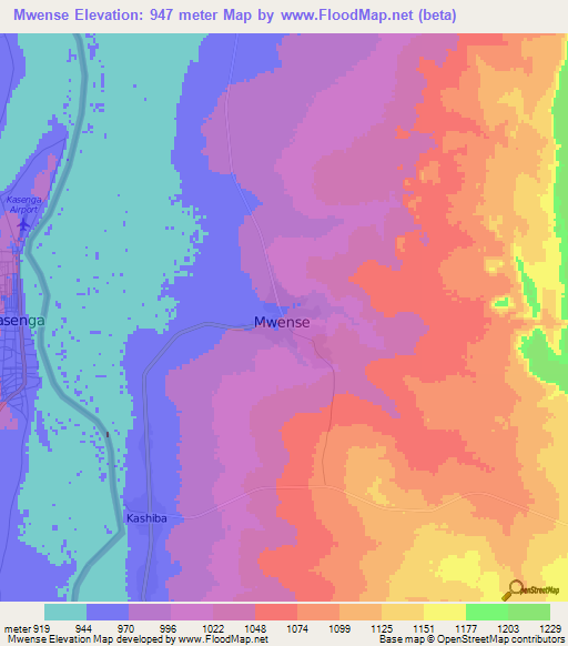 Mwense,Zambia Elevation Map