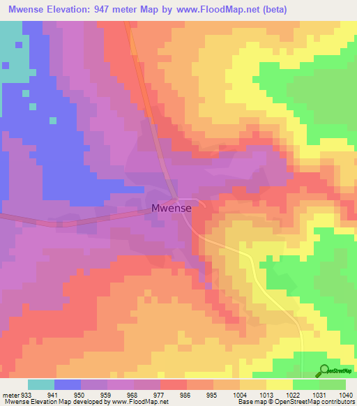 Mwense,Zambia Elevation Map