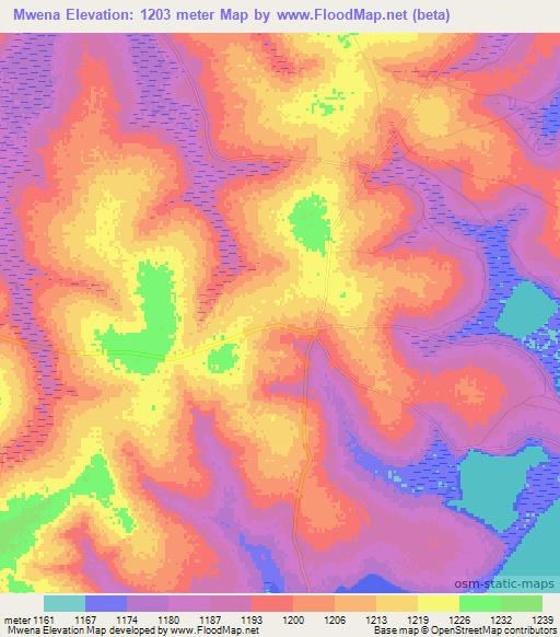 Mwena,Zambia Elevation Map