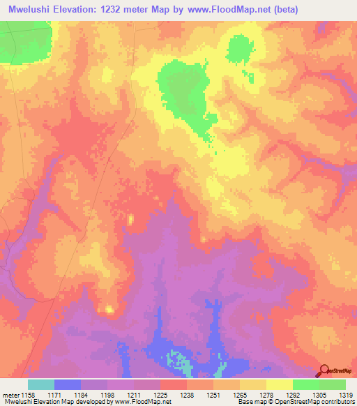 Mwelushi,Zambia Elevation Map