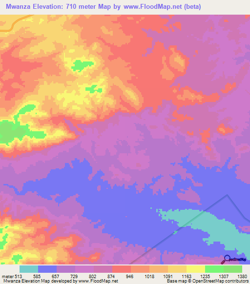 Mwanza,Zambia Elevation Map