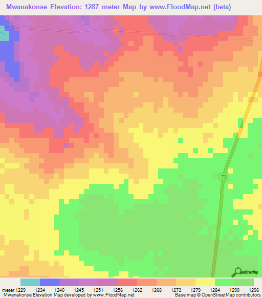 Mwanakonse,Zambia Elevation Map