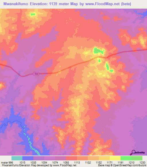 Mwanakifumo,Zambia Elevation Map