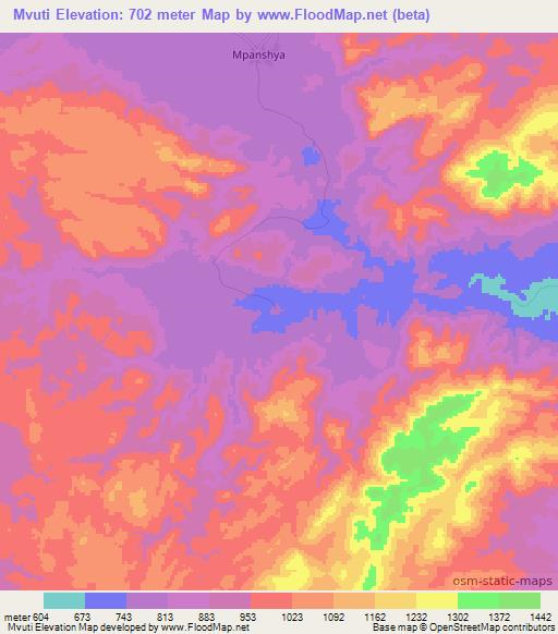 Mvuti,Zambia Elevation Map