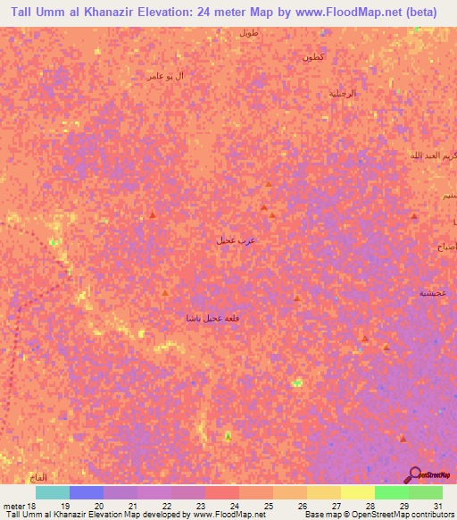 Tall Umm al Khanazir,Iraq Elevation Map