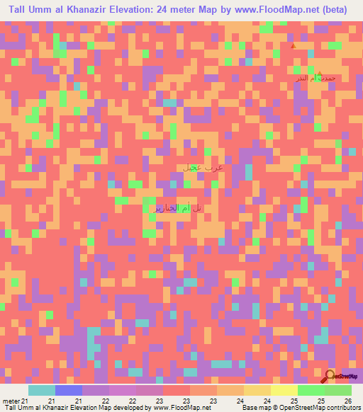 Tall Umm al Khanazir,Iraq Elevation Map
