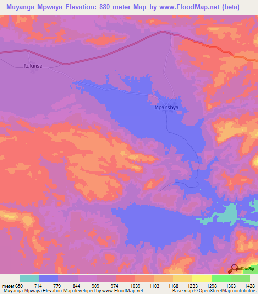 Muyanga Mpwaya,Zambia Elevation Map