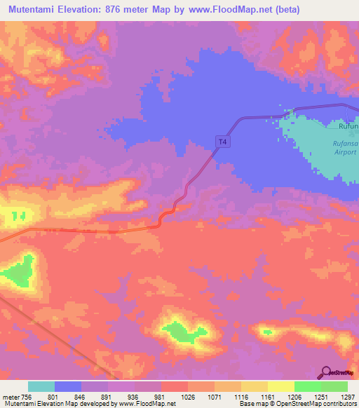 Mutentami,Zambia Elevation Map