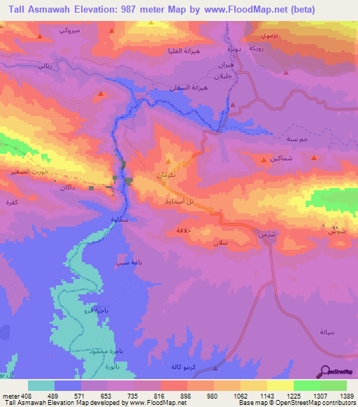 Tall Asmawah,Iraq Elevation Map