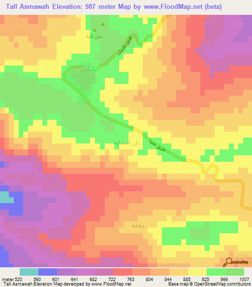 Tall Asmawah,Iraq Elevation Map