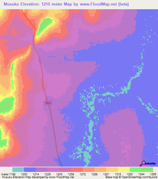 Musuku,Zambia Elevation Map