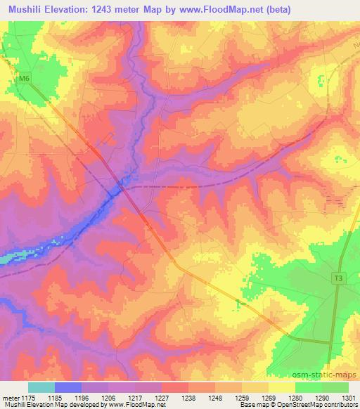 Mushili,Zambia Elevation Map