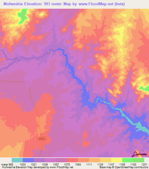 Mufweshia,Zambia Elevation Map