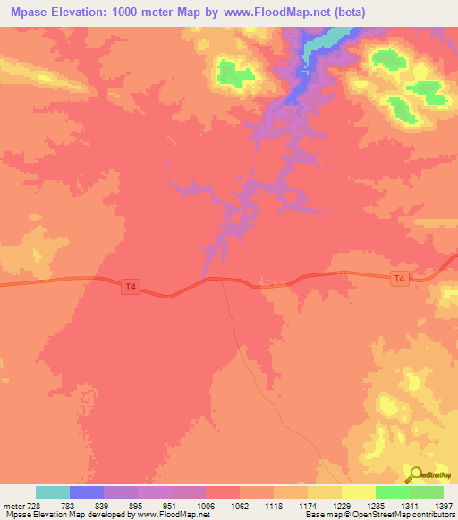 Mpase,Zambia Elevation Map