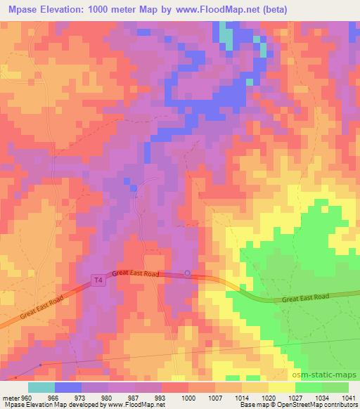 Mpase,Zambia Elevation Map