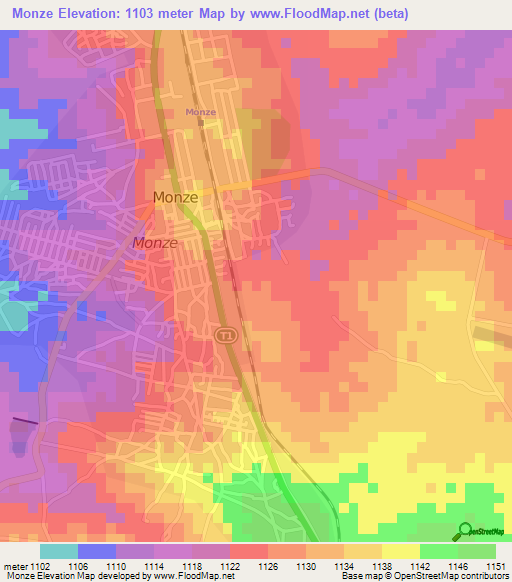 Monze,Zambia Elevation Map