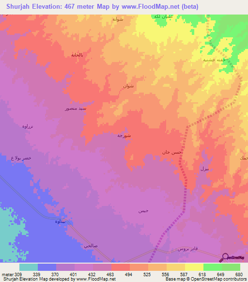 Shurjah,Iraq Elevation Map