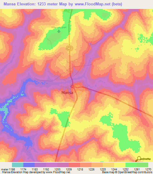 Mansa,Zambia Elevation Map