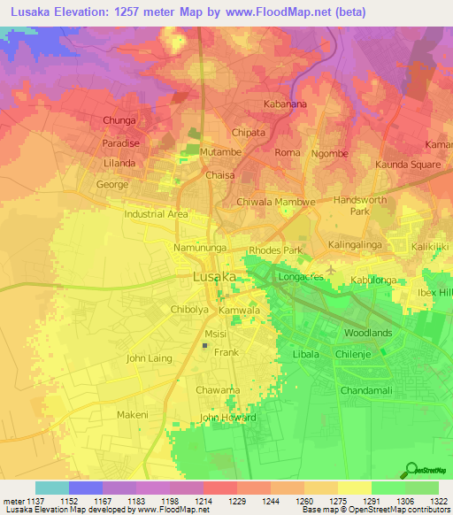 Lusaka,Zambia Elevation Map