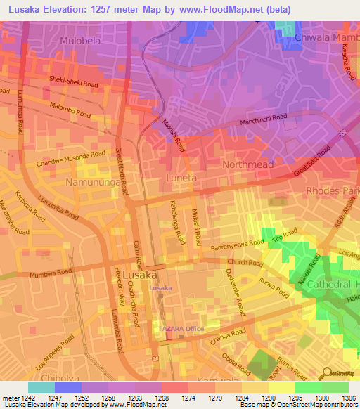 Lusaka,Zambia Elevation Map