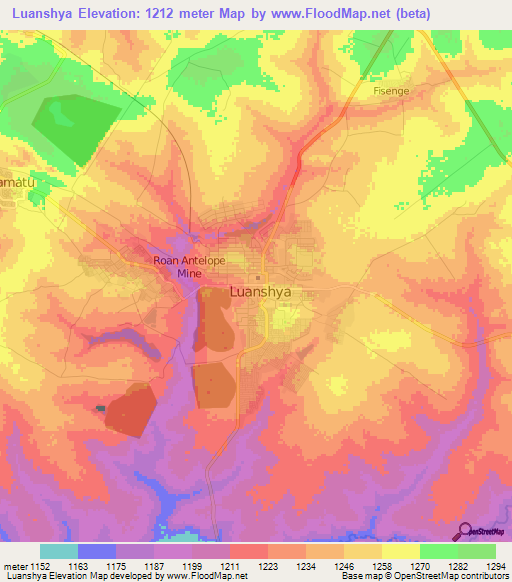 Luanshya,Zambia Elevation Map