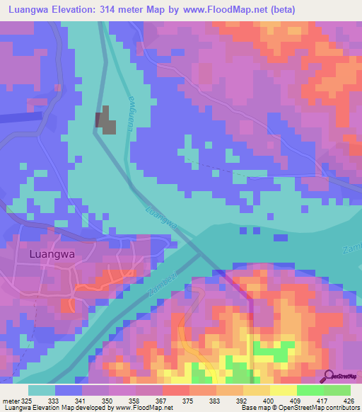 Luangwa,Zambia Elevation Map