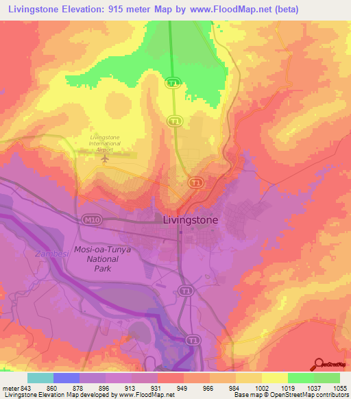 Livingstone,Zambia Elevation Map